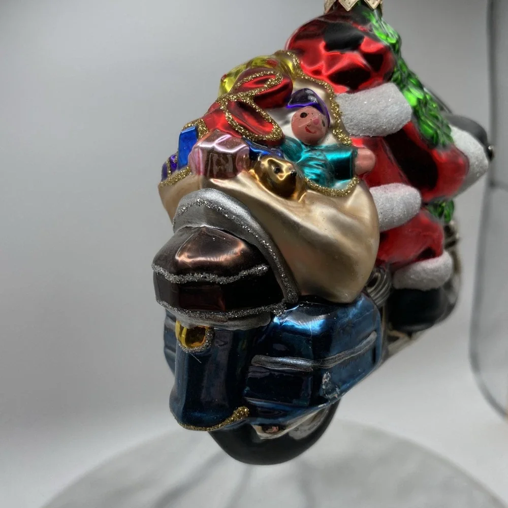 Kurt Adler Santa on Motorcycle Glass Christmas Ornament Blue Silver Red